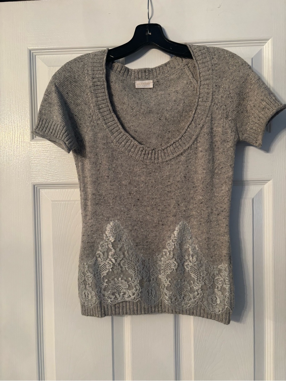 Valentino Gray Short-Sleeve V-Neck Sweater with Lace Trim